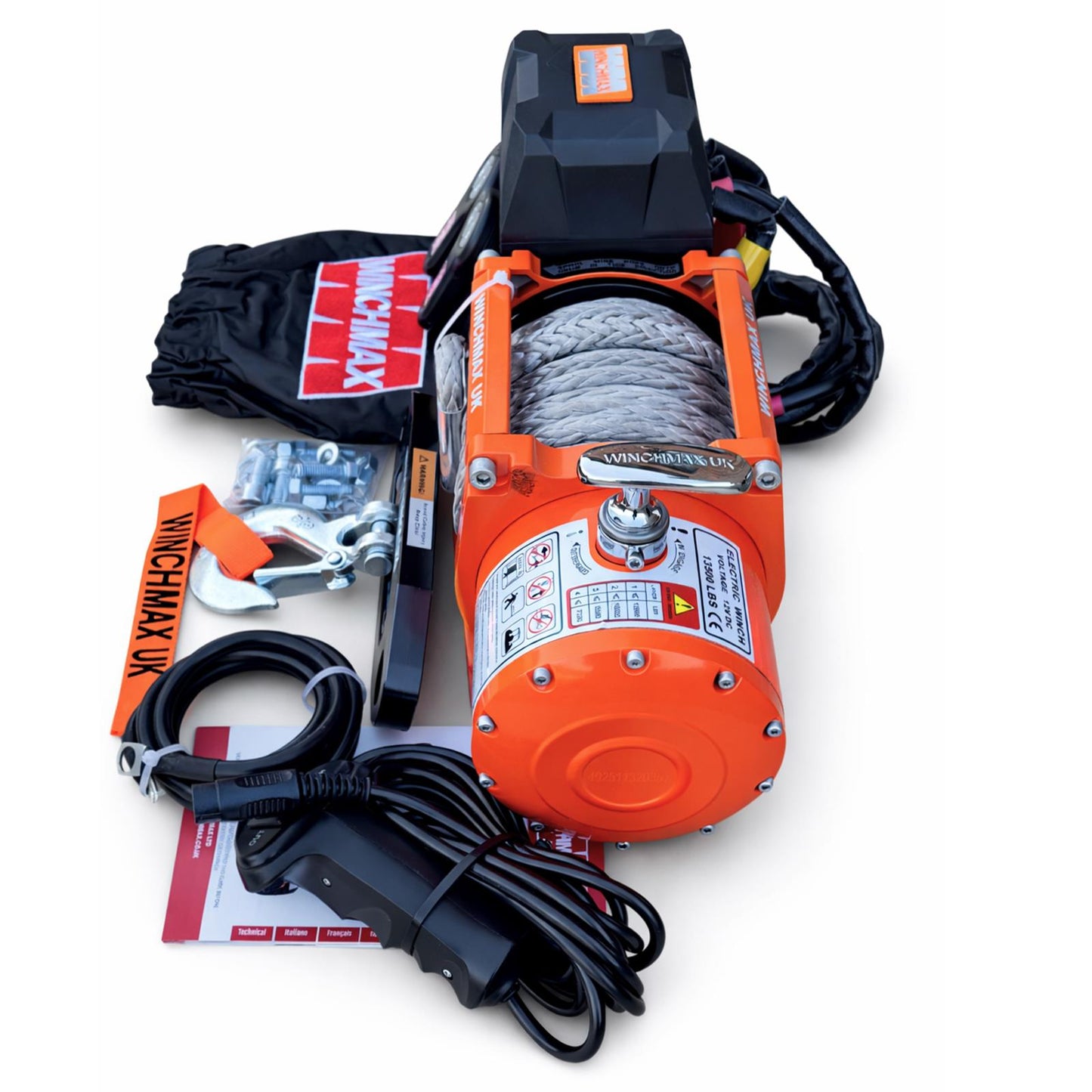 13,500lb 12V Winch. 15m x 11mm Synthetic Rope. 3/8 inch Hook + MP - Short Drum