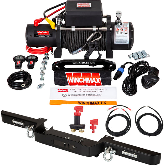 13,500lb (6,123kg) 12v Military Grade Winch. Defender Bumper, 25m x 10mm Armourline Rope, Remote Controls.