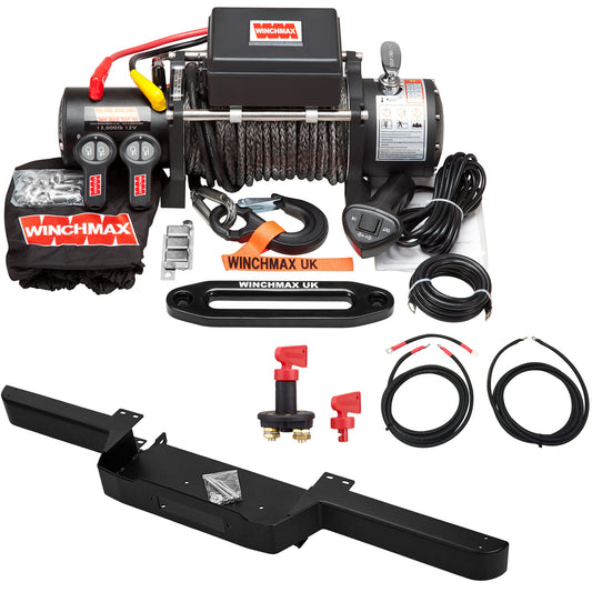 13,500lb (6,123kg) 12v Military Grade Winch. Defender Bumper, 28m x 11mm Dyneema Rope, Wiring Kit & Isolator.