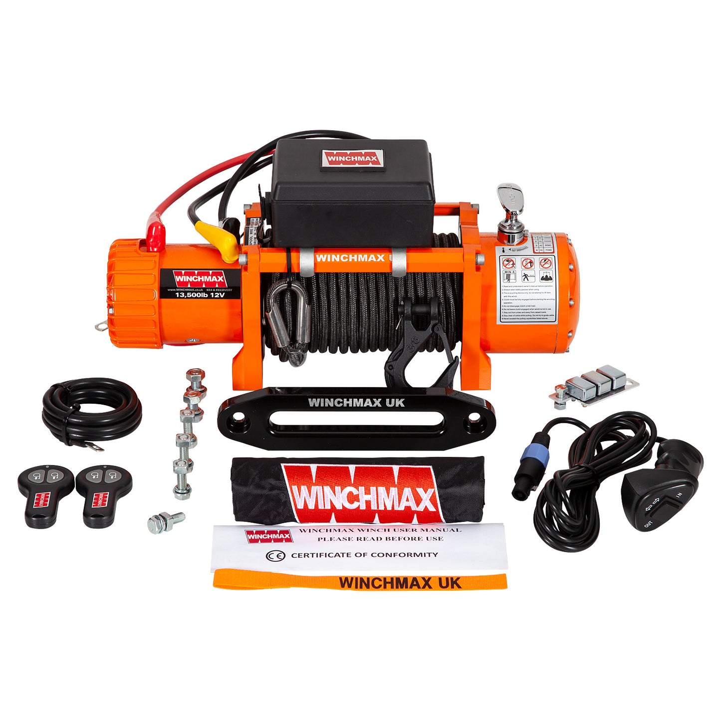 Verricello elettrico originale arancione 12 V da 13.500 libbre (6.123 kg). Corda Armourline da 25 m x 10 mm, doppi telecomandi wireless.