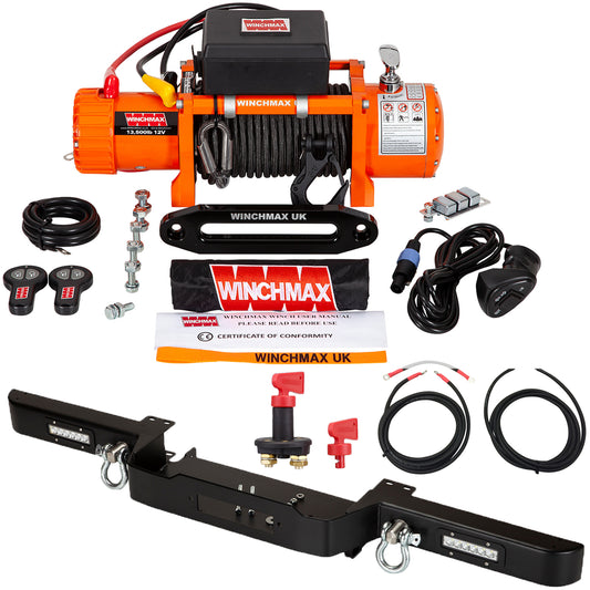 13,500lb (6,123kg) Original Orange 12v Winch. Defender Bumper, 25m x 10mm Armourline Rope, Wiring Kit & Isolator.