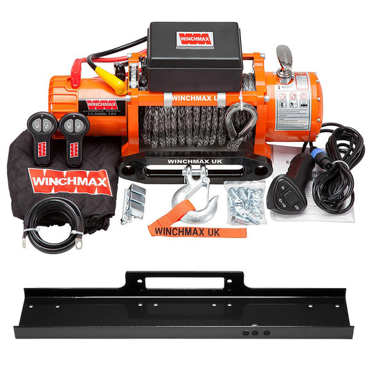 13,500lb (6,123kg) Original Orange 12v Electric Winch. 28 x 11mm Dyneema Rope, Flat Bed Mounting Plate