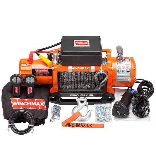 13,500lb (6,123kg) Original Orange 12v Electric Winch. 28m x 11mm Dyneema Rope, Twin Wireless Remote Control.