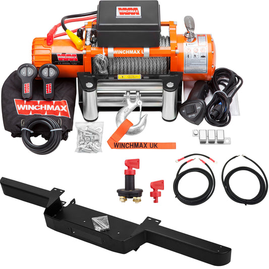 13,500lb (6,123kg) Original Orange 12v Electric Winch. Defender Bumper, 26m x 9.5mm Steel Rope, Wiring Kit & Isolator.