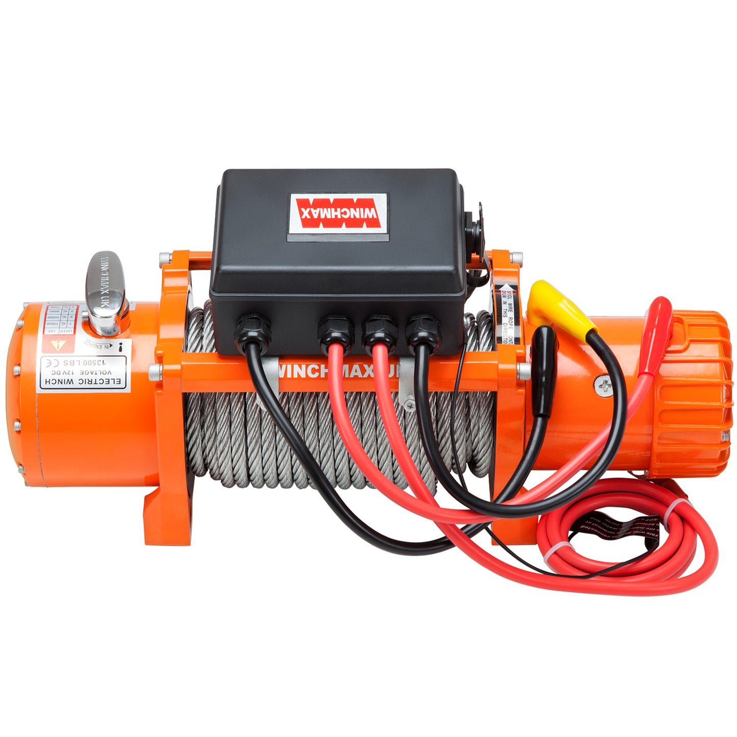 Verricello elettrico originale arancione 12 V da 13.500 libbre (6.123 kg). Paraurti Defender, corda in acciaio da 26 m x 9,5 mm, kit di cablaggio e isolatore.