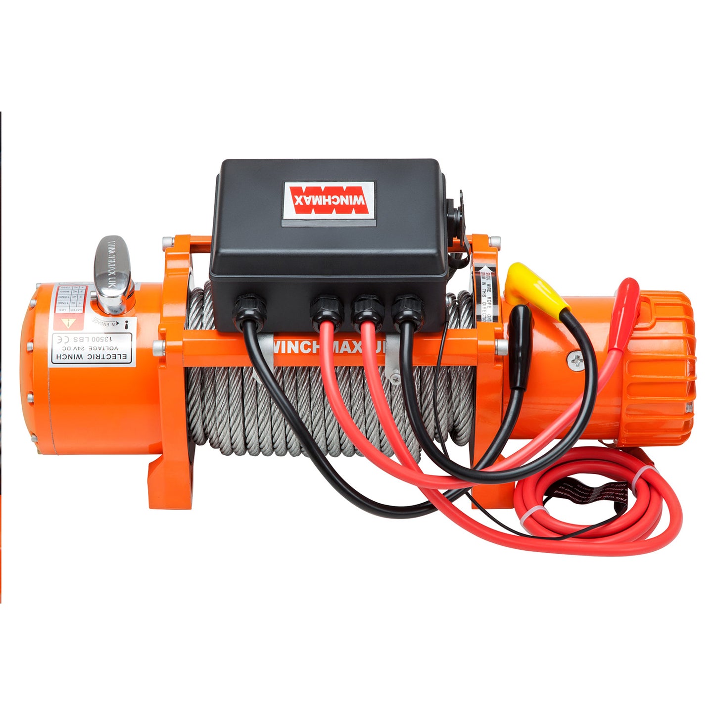 13,500lb (6,123kg) Original Orange 24v Electric Winch. 26m x 9.5mm Steel Rope, Flat Bed Mounting Plate.