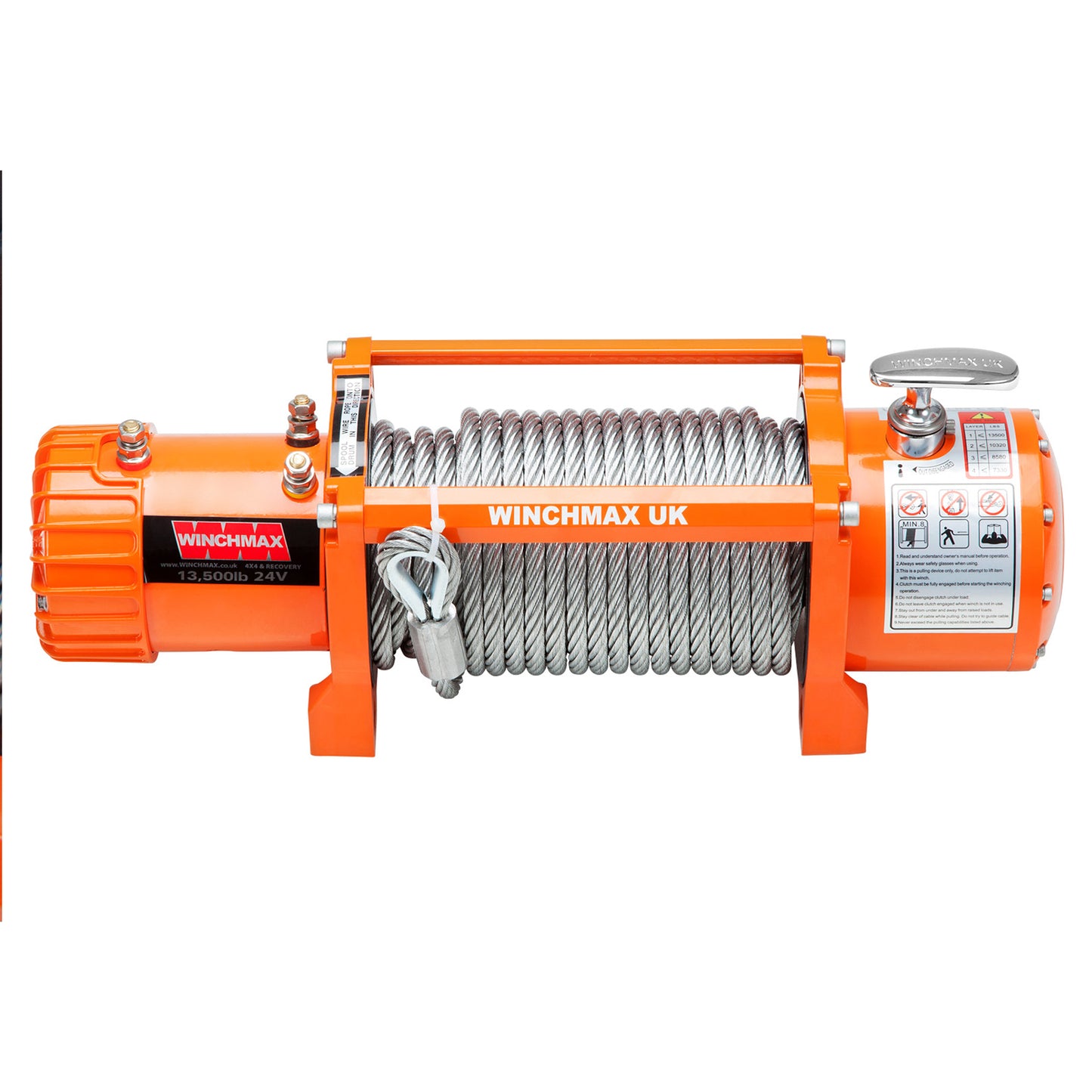 13,500lb (6,123kg) Original Orange 24v Electric Winch. 26m x 9.5mm Steel Rope, Flat Bed Mounting Plate.