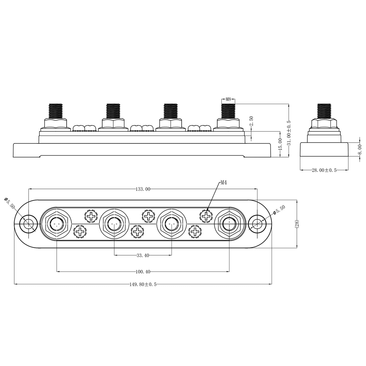 Sammelschiene 150 A, 4 x M8-Anschluss. Schwarz.
