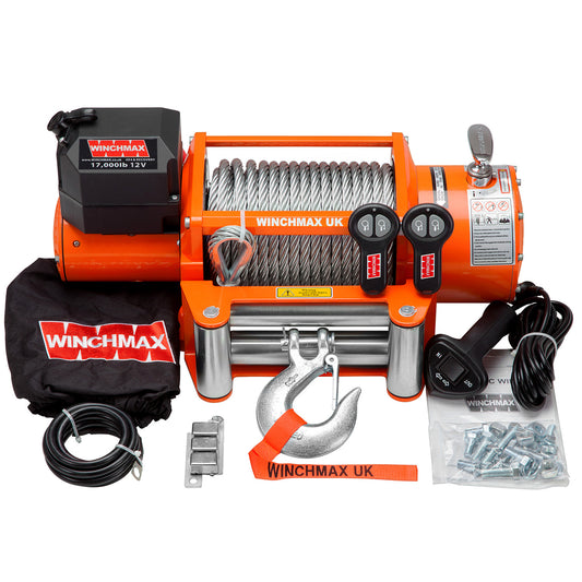 17,000lb (7,711kg) Original Orange 12v Electric Winch, 26m x 12mm Steel Rope, Wireless Remote Controls