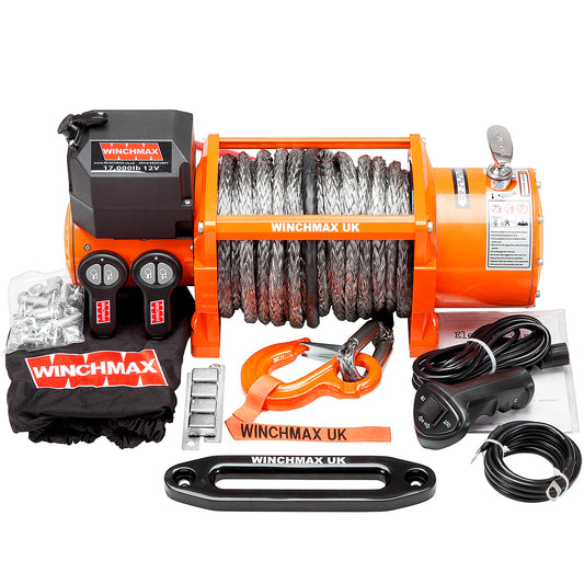 17,000lb (7,711kg) Original Orange 12v Electric Winch. 25m x 13mm Dyneema Rope, Wireless Remote Controls