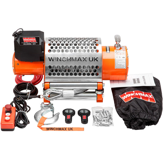 20,000lb (9,072kg) Original Orange Recovery 12v Electric Winch. 25m x 14mm Steel Rope, Wireless Remote Controls.