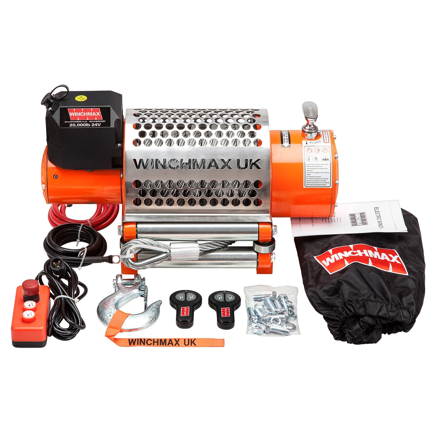 20,000lb (9,072kg) Original Orange Recovery 24v Electric Winch. 25m x 14mm Steel Rope, Wireless Remote Controls.