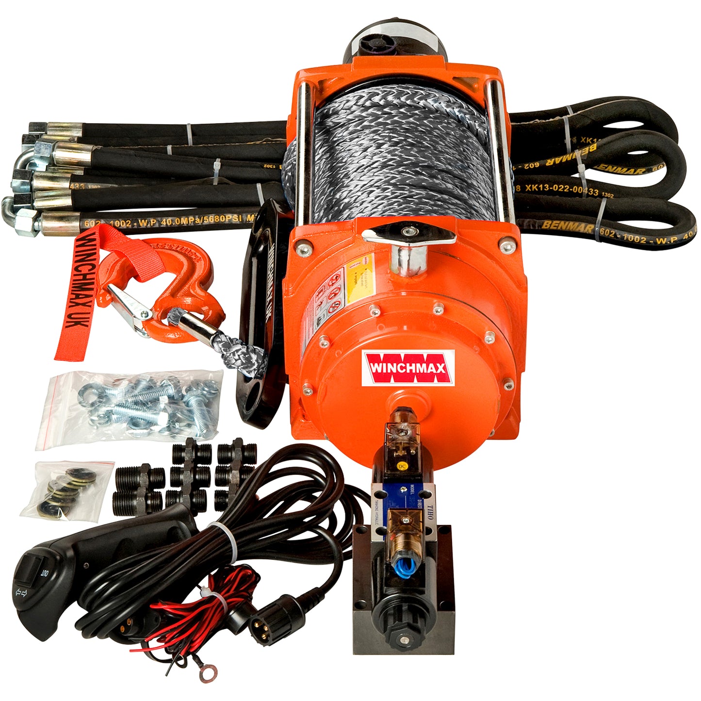 20,000lb (9,072kg) Original Orange Hydraulic Winch. 25m x 13mm Dyneema Rope. 12v Control System.