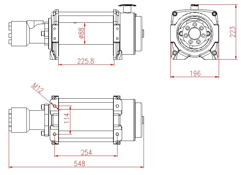 Verricello idraulico Z da 9.072 kg (20.000 lb). Fune in acciaio da 25 m x 14 mm. Gancio da 12,7 mm. Sistema di controllo a 24 V.