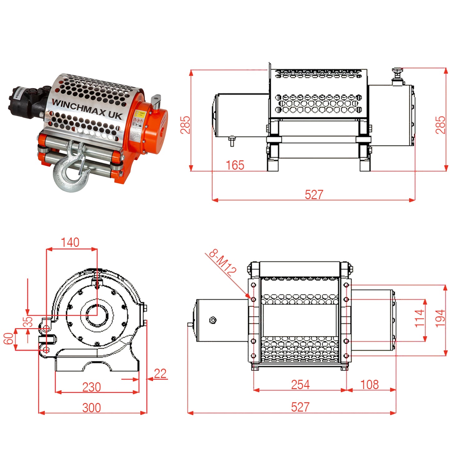Verricello idraulico Z da 9.072 kg (20.000 lb). Fune in acciaio da 25 m x 14 mm. Gancio da 12,7 mm. Sistema di controllo a 24 V.