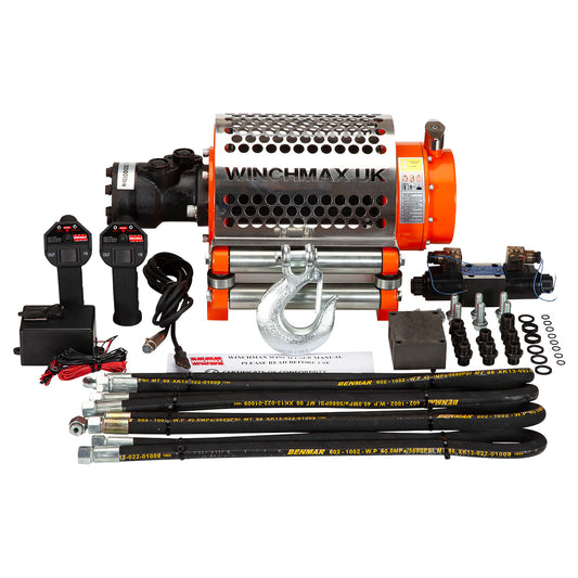 Verricello idraulico Z da 9.072 kg (20.000 lb). Fune in acciaio da 25 m x 14 mm. Gancio da 12,7 mm. Sistema di controllo a 24 V.