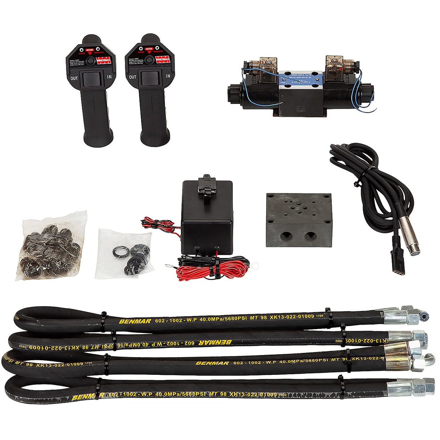 Verricello idraulico Z da 9.072 kg (20.000 lb). Fune in acciaio da 25 m x 14 mm. Gancio da 12,7 mm. Sistema di controllo a 24 V.