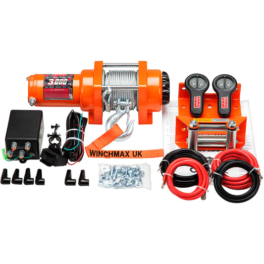 3,000lb (1,361kg) Original Orange 12v Electric Winch. 15m x 5mm Steel Rope, 1/4 Hook, Wireless Remote Controls.
