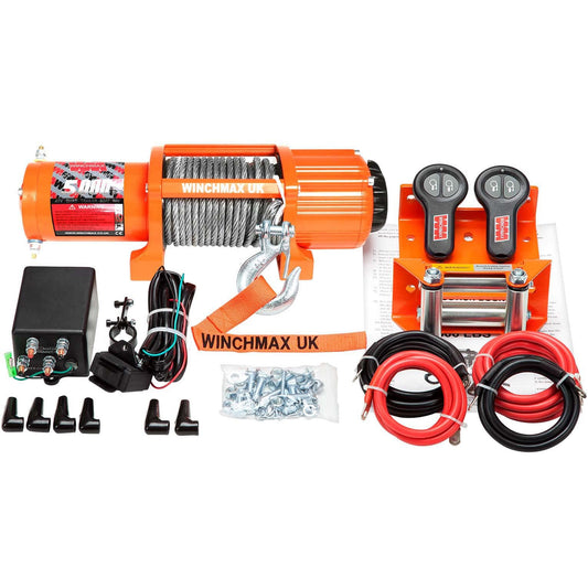 5,000lb (2,268kg) Original Orange 12v Winch. 15.2m x 6.3mm Steel Rope, 1/4 Inch Clevis Hook, Twin Remote Controls.