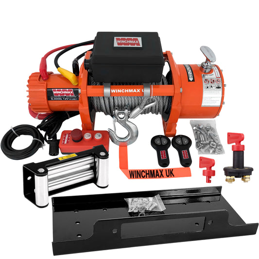 9,000lb (4,082kg) 12v Winch EN14492 Compliant. 24m x 9mm Steel Rope. Mounting Plate & Battery Isolator.