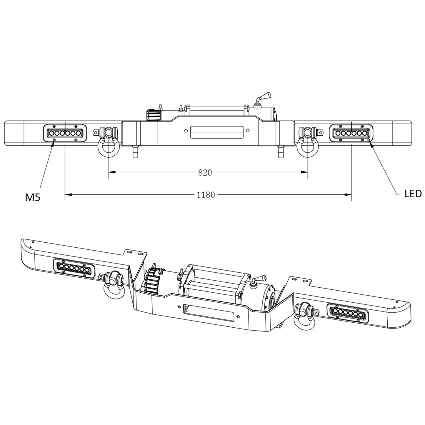 Land Rover Defender Winch Bumper with LED's and 2 Shackles - Fits With or Without Air Con