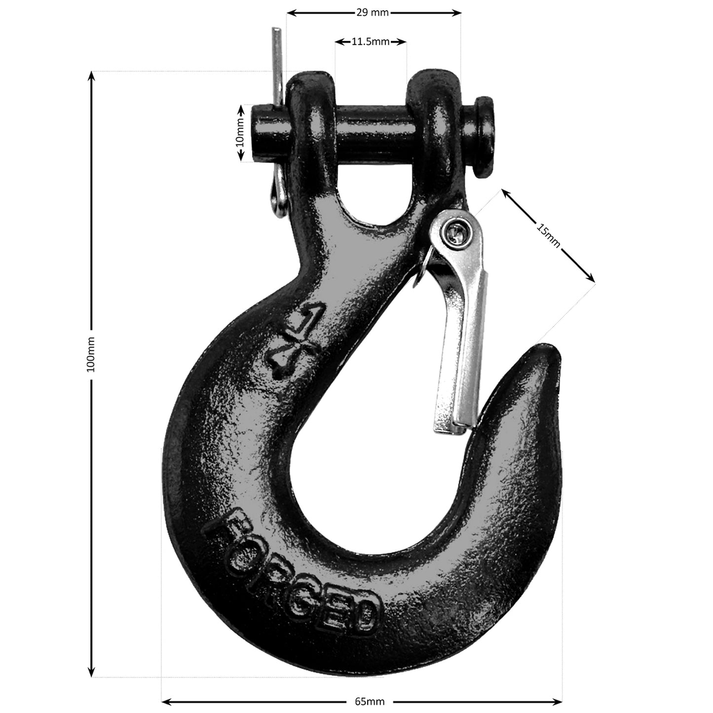 Black clevis hook with dimensions labeled on a white background