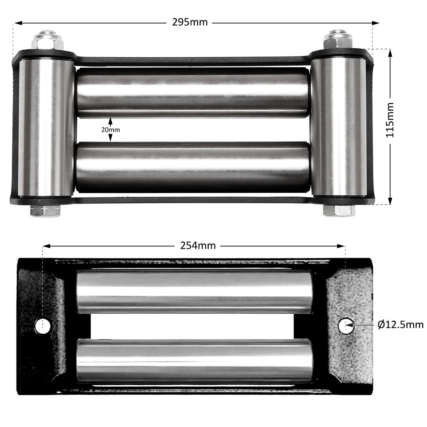 Roller Fairlead, Large, Military Grade, Matt Black. Stainless Steel Rollers.