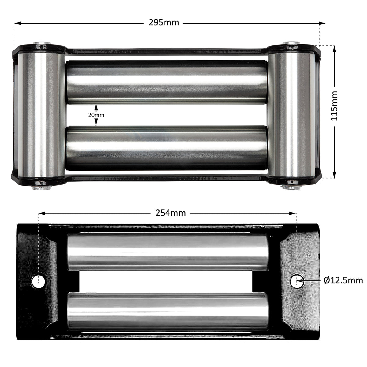 Large Roller Fairlead, Black. Heavy Duty Zinc Plated Rollers.