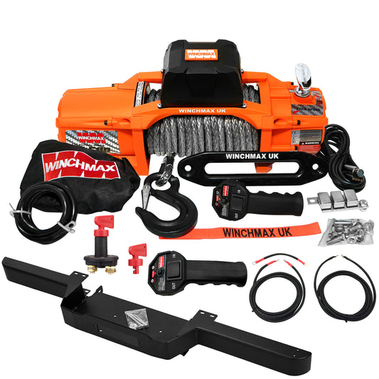 13,500lb (6,123kg) 'SL Series' 12v Winch, Defender Bumper, 28m x 11mm Dyneema Rope, Wiring Kit & Isolator.