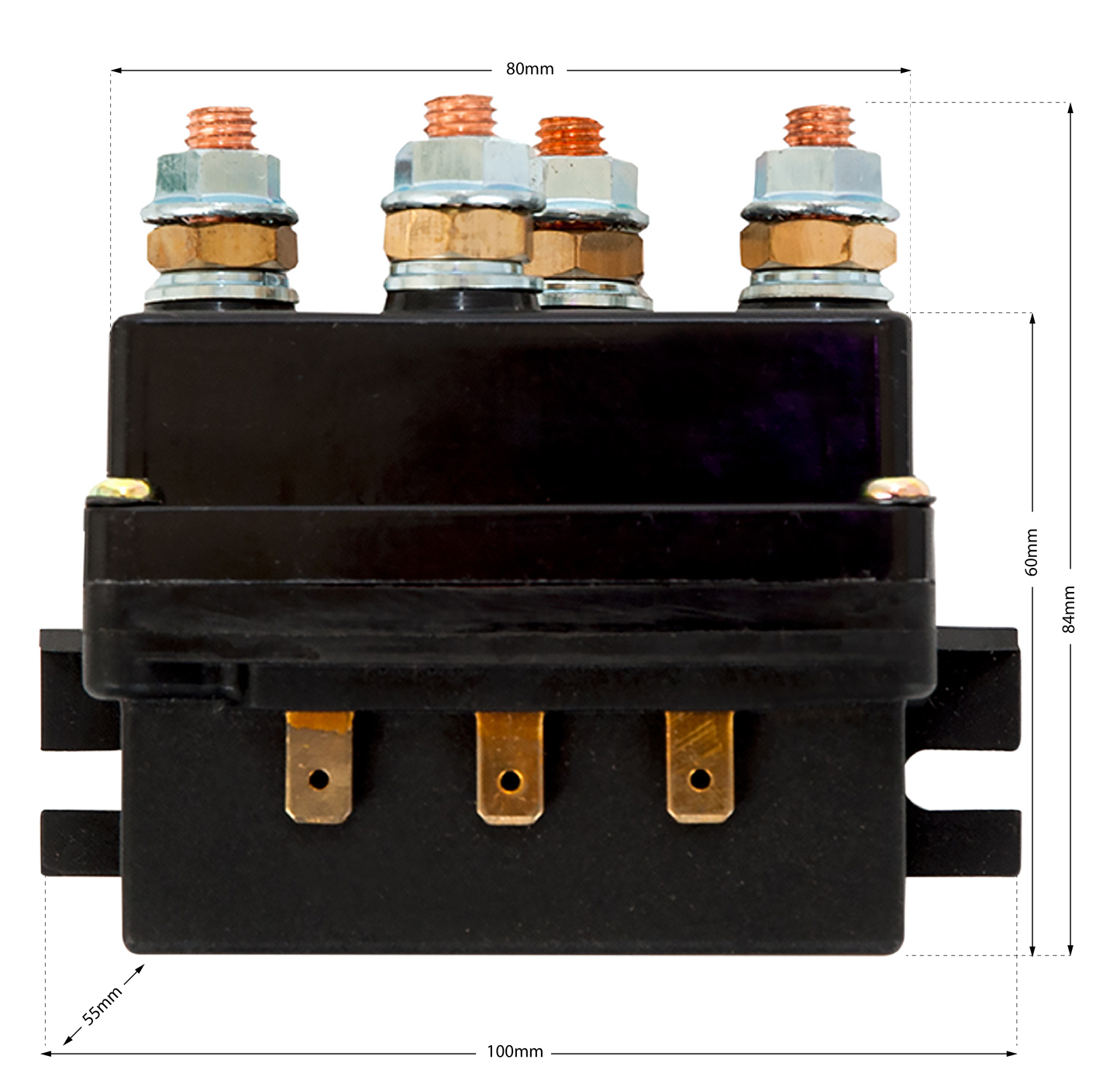 Solénoïde de treuil 12 V pour usage intensif. Connexions latérales des bornes à fourche.