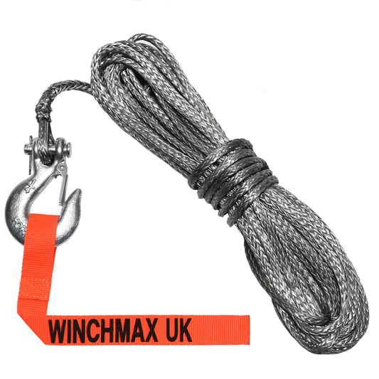 Dyneema Synthetic Winch Rope 15m x 5mm, Hole Fix. 1/4 Inch Clevis Hook.