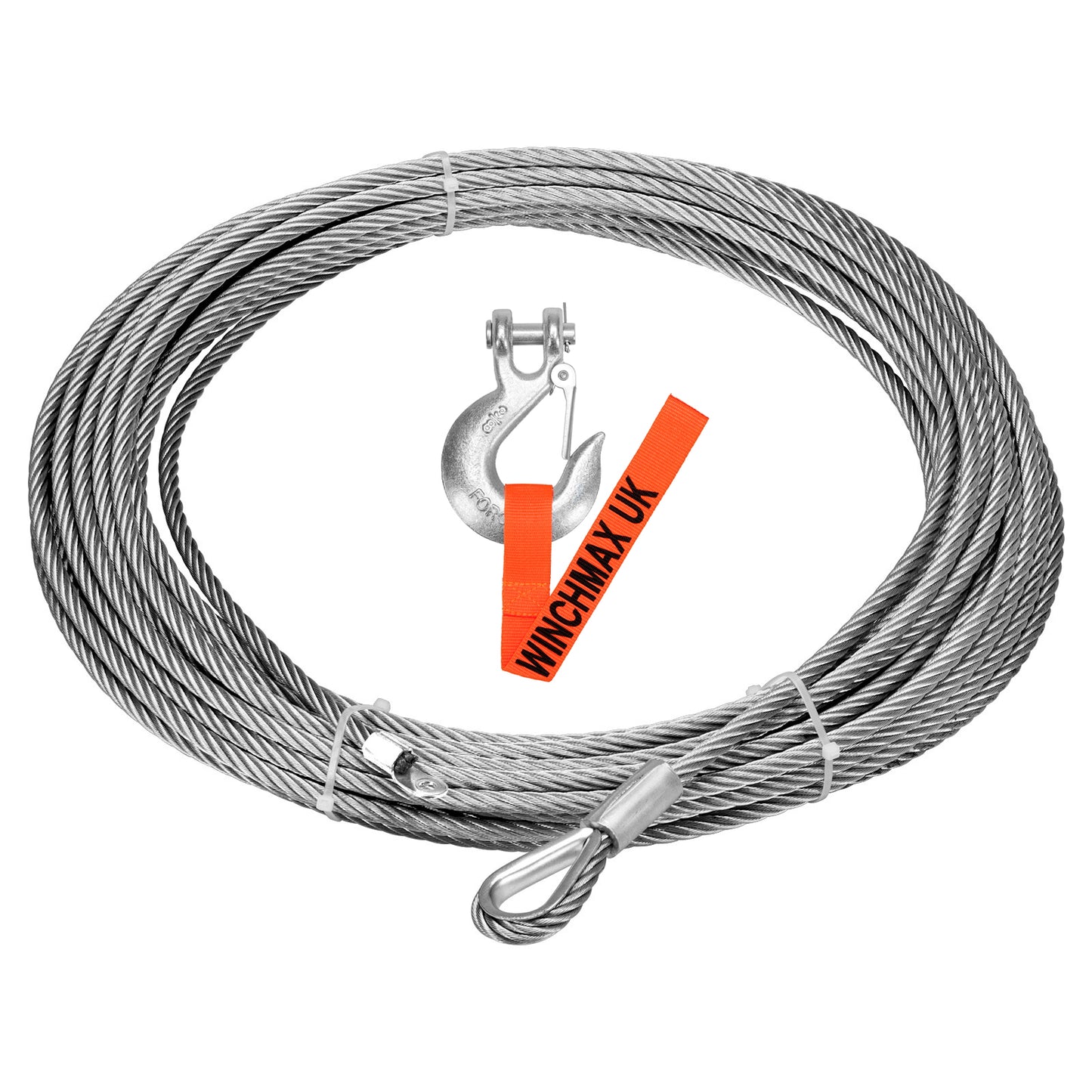 Câble en acier 26 m x 9,5 mm, fixation par vis. Crochet à chape 3/8 po. Pour treuils jusqu'à 13 500 lb.