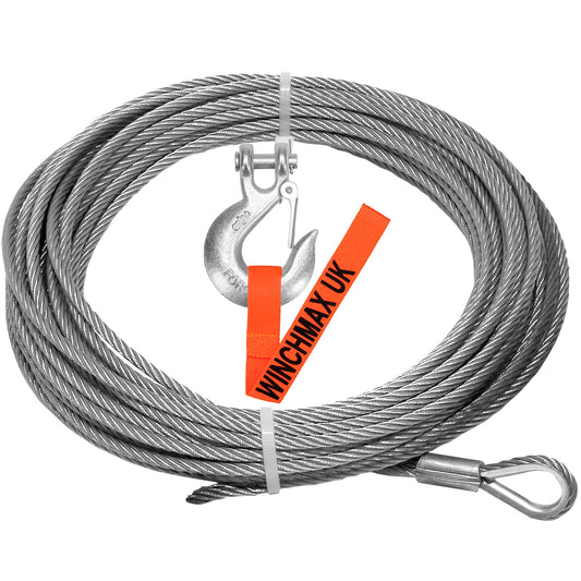 Fune in acciaio 26 m x 9,5 mm, fissaggio tramite foro. Gancio a forcella da 3/8 di pollice. Per argani fino a 13.500 libbre.