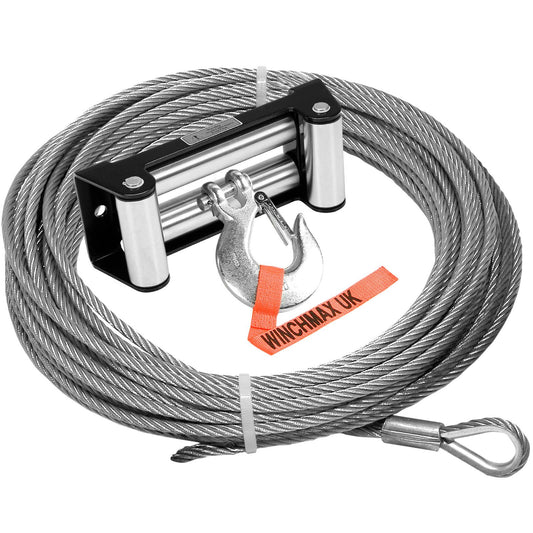 Steel Rope 26m X 9.5mm, Hole Fix. Black Roller Fairlead. 3/8 Inch Clevis Hook. For winches up to 13,500lb.