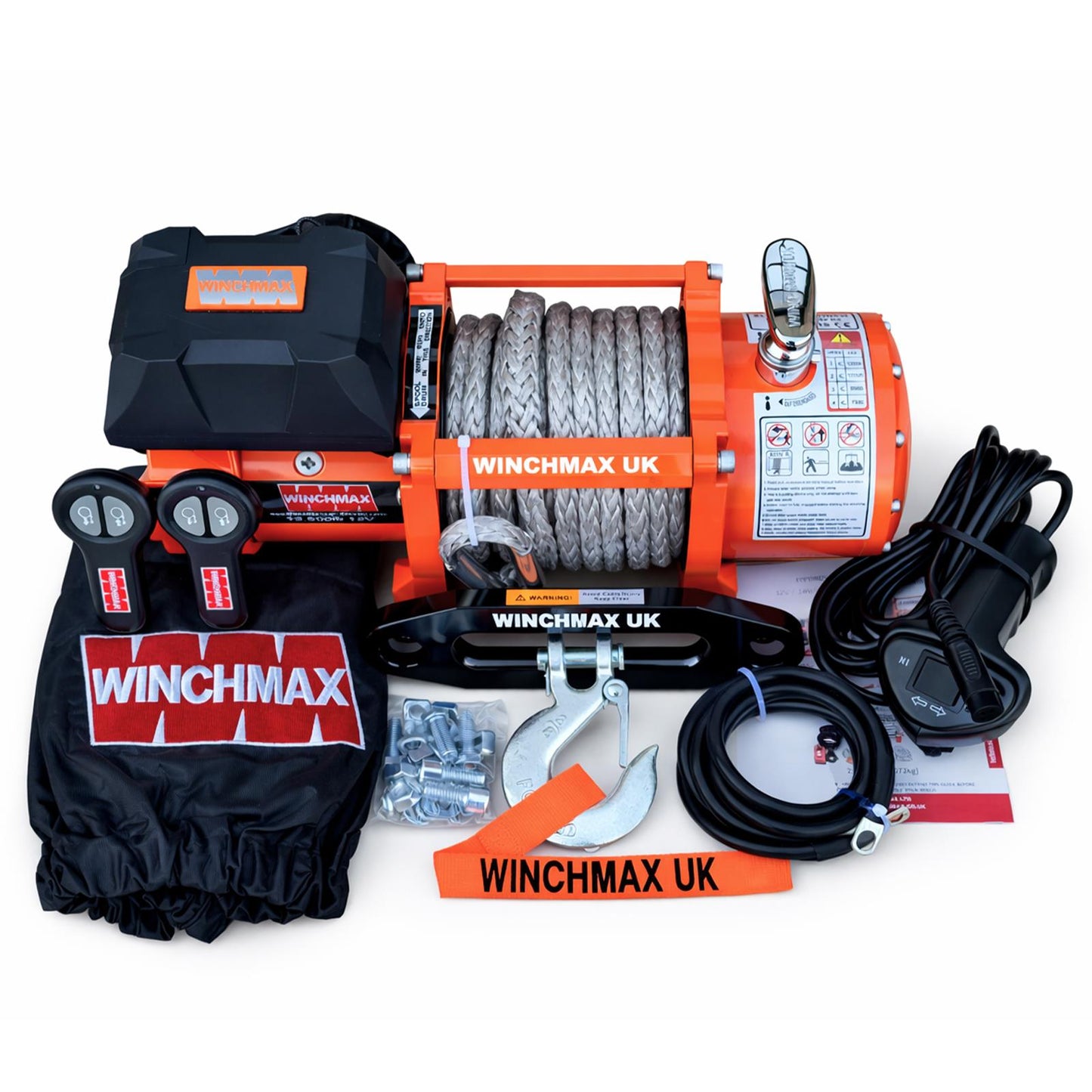 13,500lb 12V Winch. 15m x 11mm Synthetic Rope. 3/8 inch Hook + MP - Short Drum