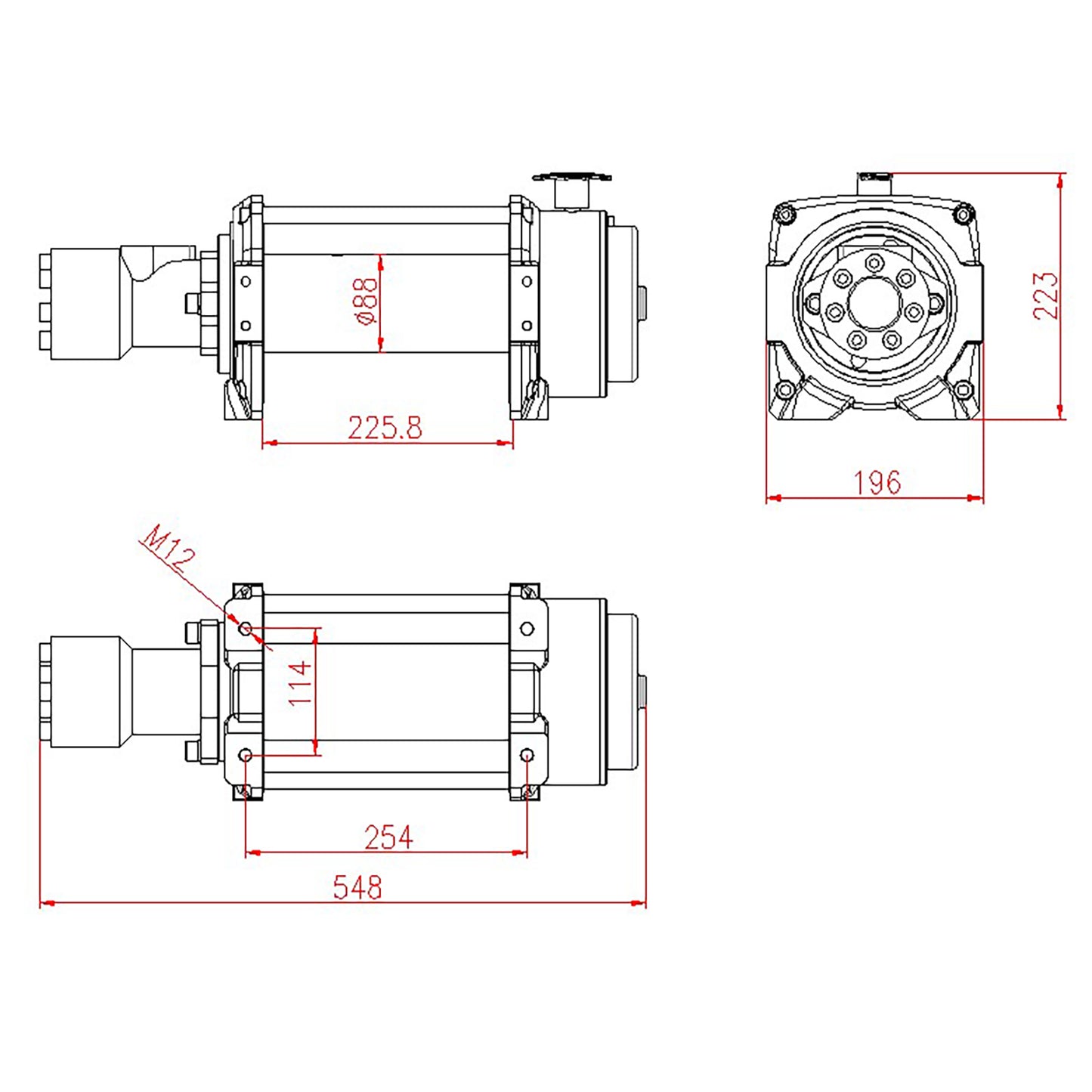 15,000lb (6,804kg) Original Orange Hydraulic Winch. 25m x 12mm Steel Rope. 1/2 inch Clevis Hook. 12v Control System.