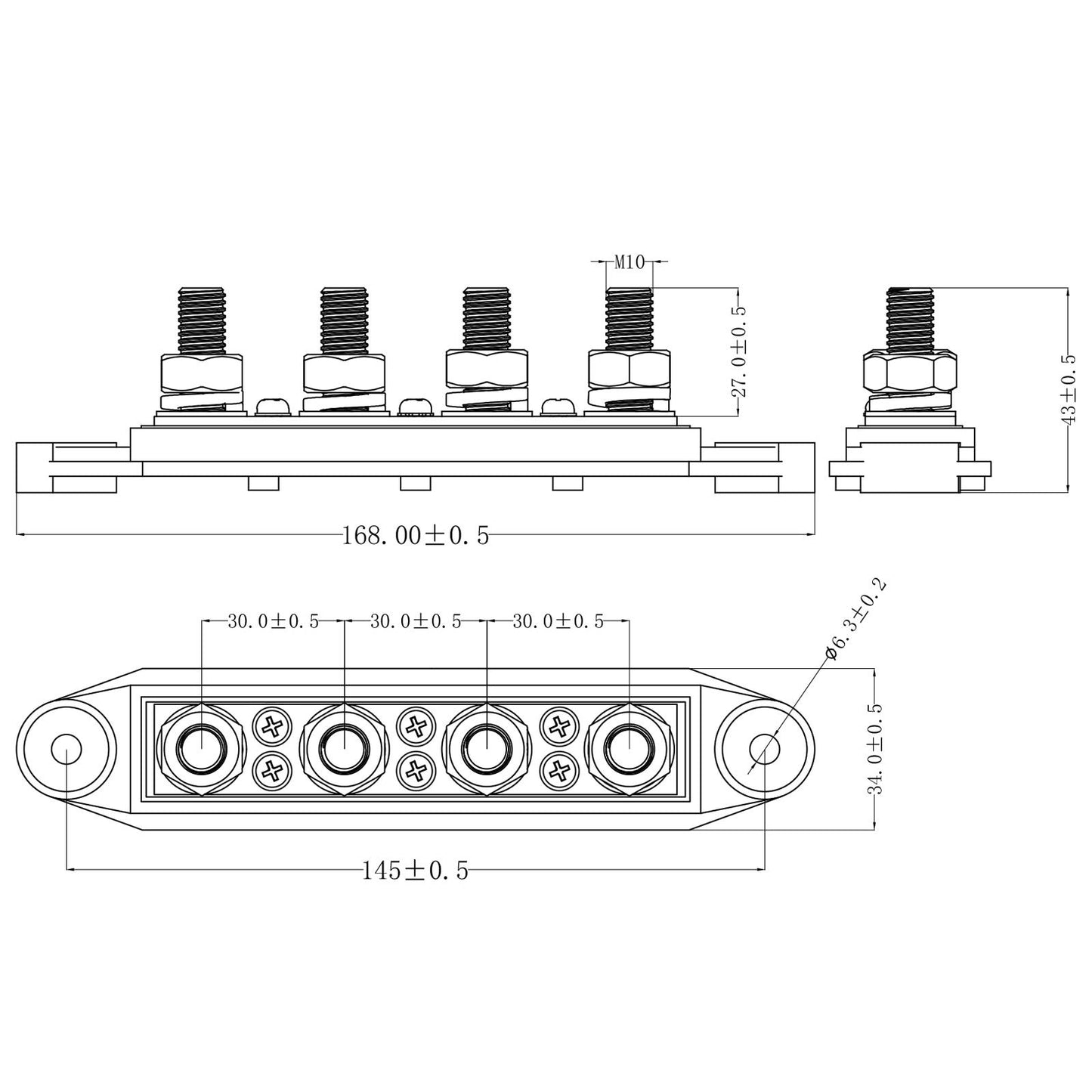 Bus Bar 250a 4 x M10 terminal. Both