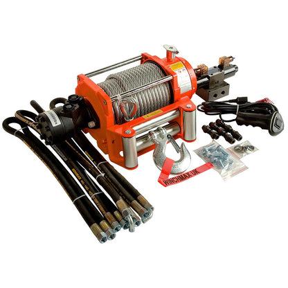 20,000lb (9,072kg) Original Orange Hydraulic Winch. 25m Steel Rope. 1/2 Inch Clevis Hook. 24V Hydraulic Control System.