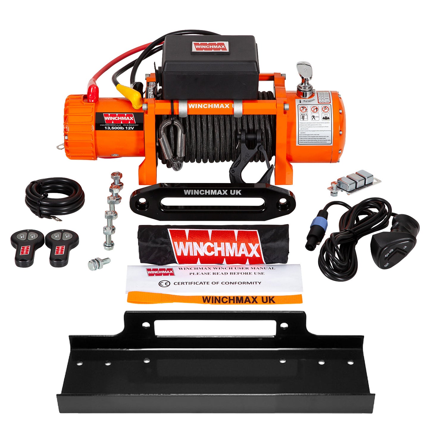 13,500lb 12v Electric Winch. Mounting Plate. 15 m x 10 mm Armourline Rope. 3/8 inch hook.