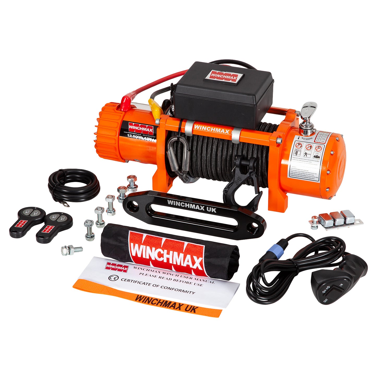 13,500lb (6,123kg) Original Orange 12v Winch. Defender Bumper, 25m x 10mm Armourline Rope, Wiring Kit & Isolator.