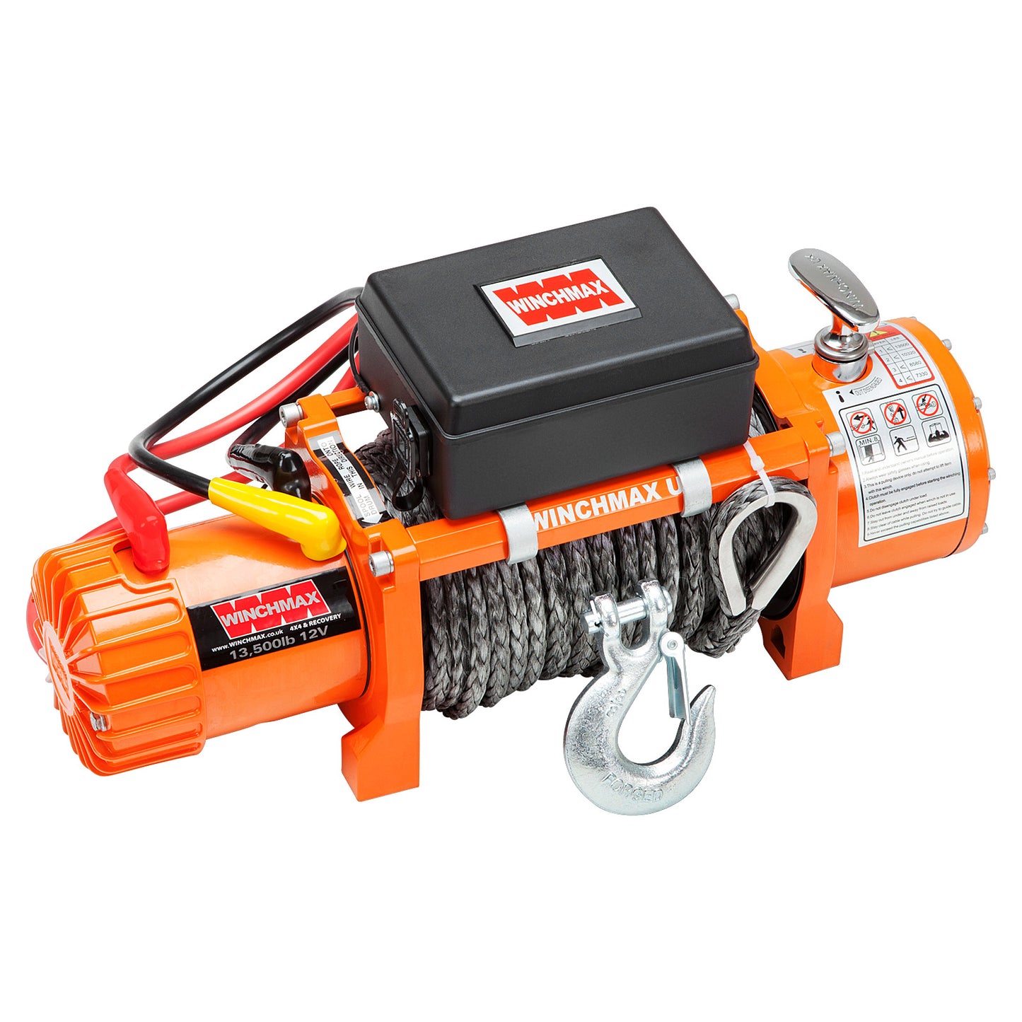13,500lb (6,123kg) Original Orange 12v Electric Winch. 28 x 11mm Dyneema Rope, Flat Bed Mounting Plate