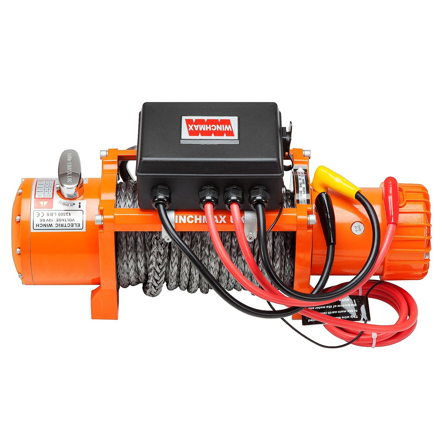 Treuil électrique orange d'origine 12 V de 13 500 lb (6 123 kg). Corde Dyneema de 28 m x 11 mm, double télécommande sans fil.