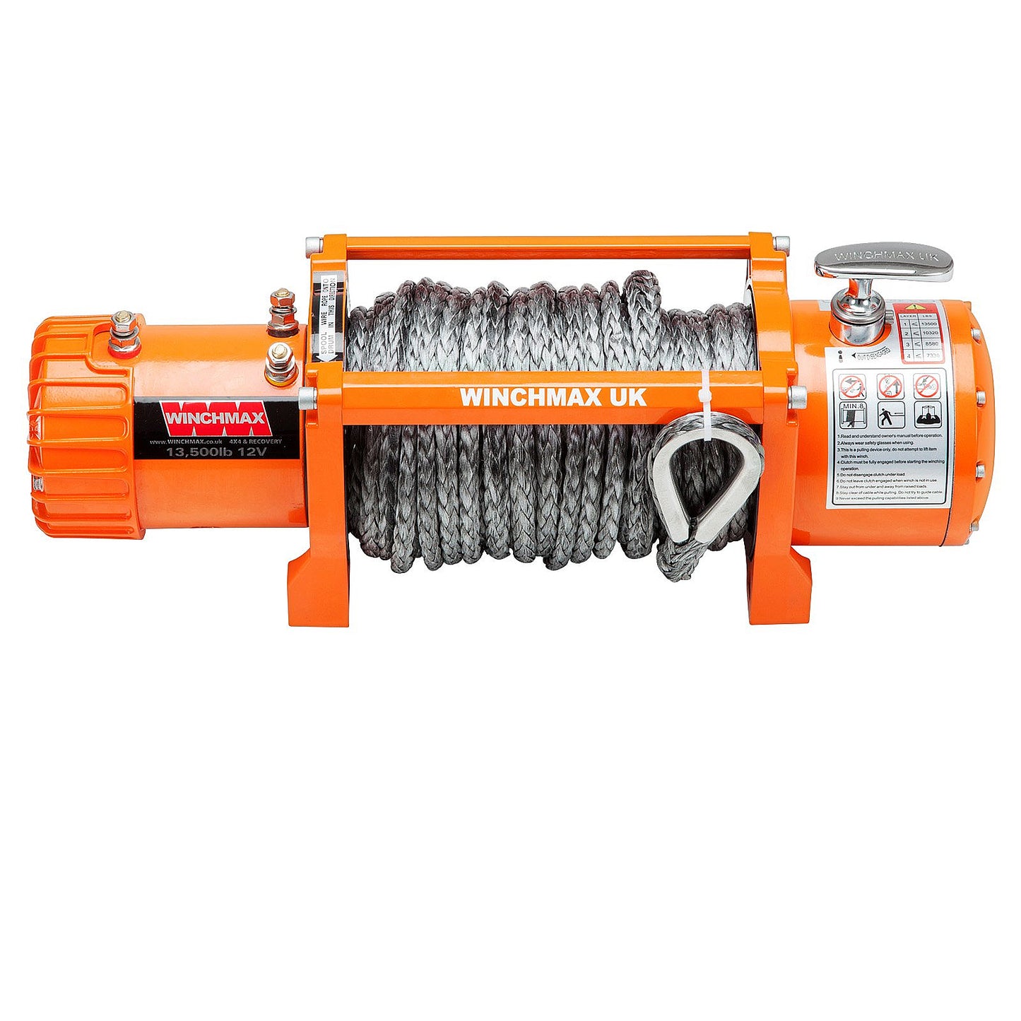 Treuil électrique orange d'origine 12 V de 13 500 lb (6 123 kg). Corde Dyneema de 28 m x 11 mm, double télécommande sans fil.