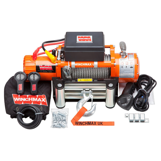 13,500lb (6,123kg) Original Orange 12v Electric Winch. Defender Bumper, 26m x 9.5mm Steel Rope, Wiring Kit & Isolator.