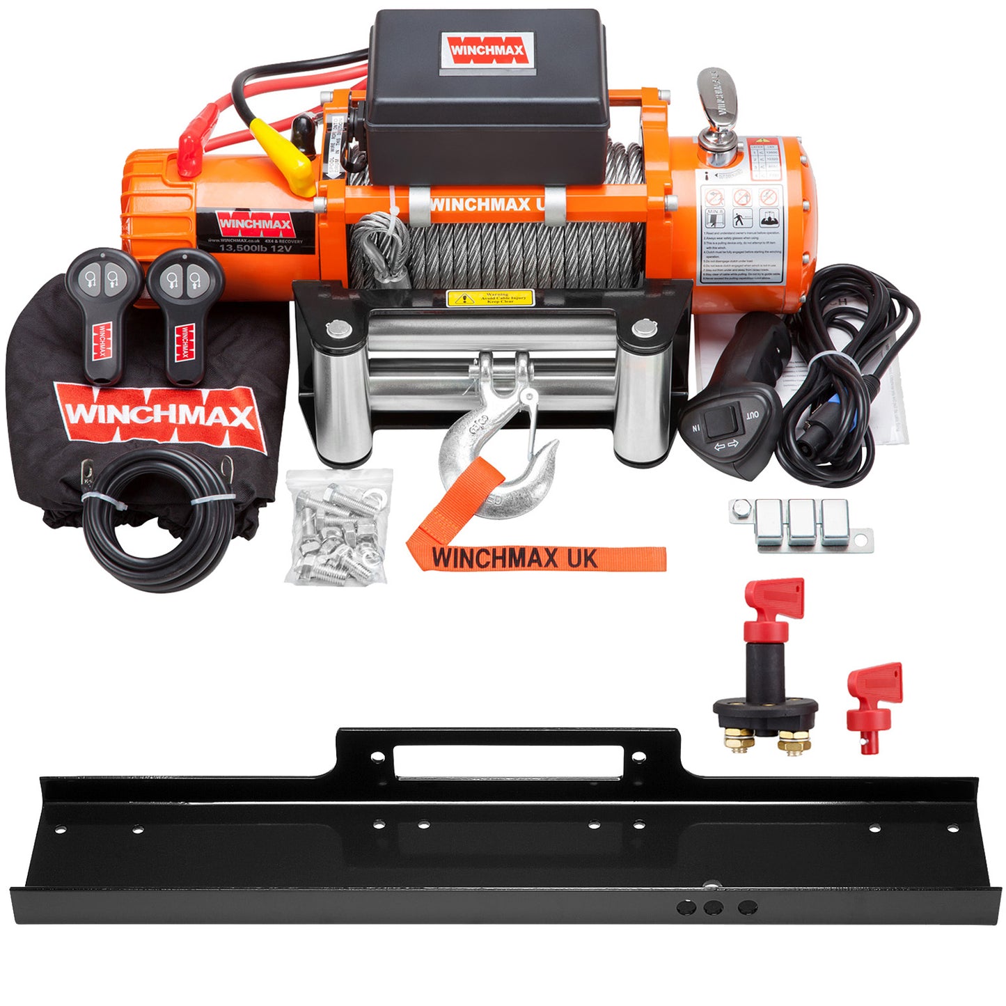 WINCHMAX 13,500lb (6,123kg) Original Orange 12v Winch, 15m x 9.5mm Steel Rope. Mounting Plate and Isolator