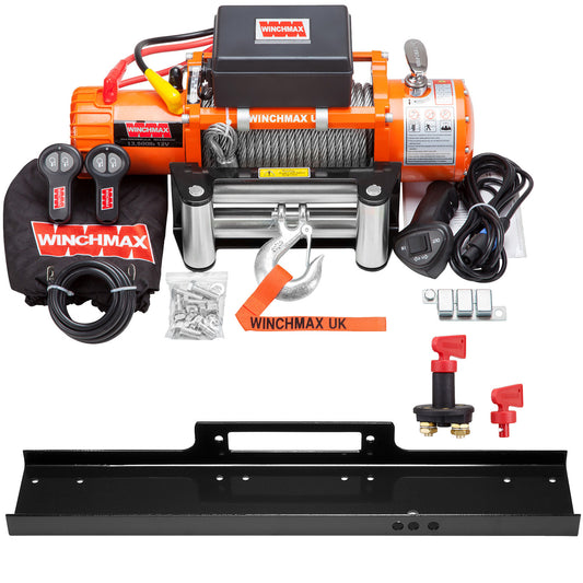 13,500lb (6,123kg) Original Orange 12v Electric Winch. 26m x 9.5mm Steel Rope, Mounting Plate, Battery Isolator.