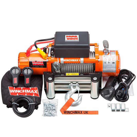 WINCHMAX 13,500lb (6,123kg) Original Orange 12v Winch, 15m (Short) x 9.5mm Steel Rope. 3/8 inch Hook.