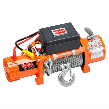 WINCHMAX 13,500lb (6,123kg) Original Orange 12v Winch, 15m (Short) x 9.5mm Steel Rope. 3/8 inch Hook.