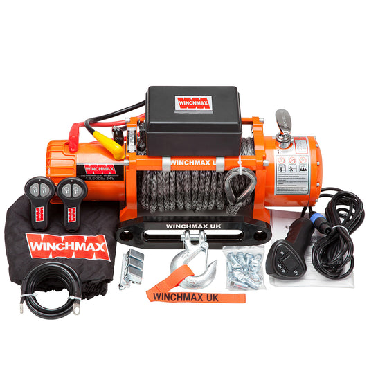 Treuil électrique orange d'origine 24 V de 13 500 lb (6 123 kg). Corde Dyneema de 28 m x 11 mm, double télécommande sans fil.