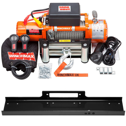 13,500lb (6,123kg) Original Orange 24v Electric Winch. 26m x 9.5mm Steel Rope, Flat Bed Mounting Plate.